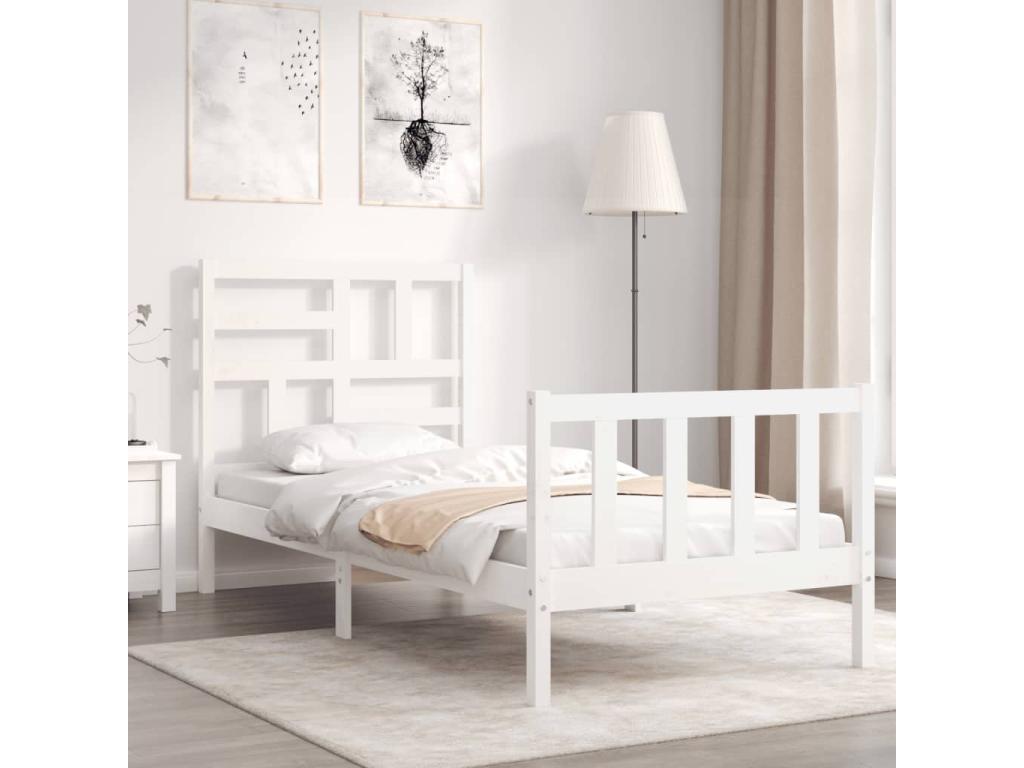 Cadre de lit en bois massif blanc, 90 x 200 cm