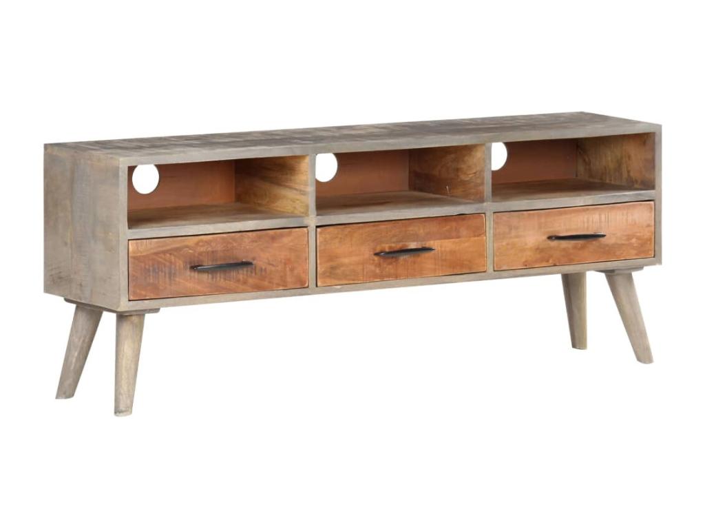 Meuble TV en bois massif gris, 130 x 35 x 51 cm